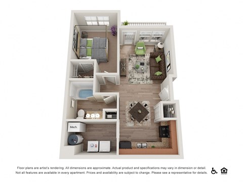 Floor plan for 1 bed, 1 bath, 683 sqft